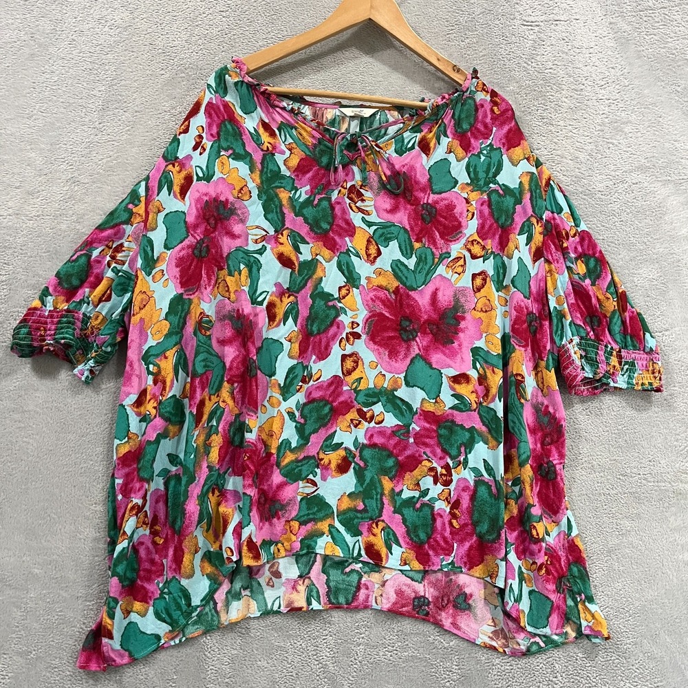Terra & Sky Blouse Womens 3X Colorful Floral Smocked Sleeve Hem Boho Peasant